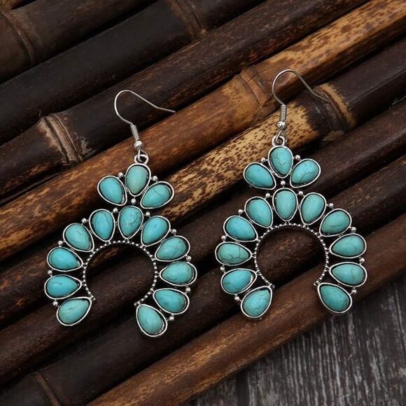 Western Squash Blossom Turquoise Cluster Stone Dangle Earrings Womens Boho New - Picture 1 of 6